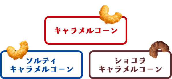 キャラメルコーン、ソルティキャラメルコーン、ショコラキャラメルコーンの3種類