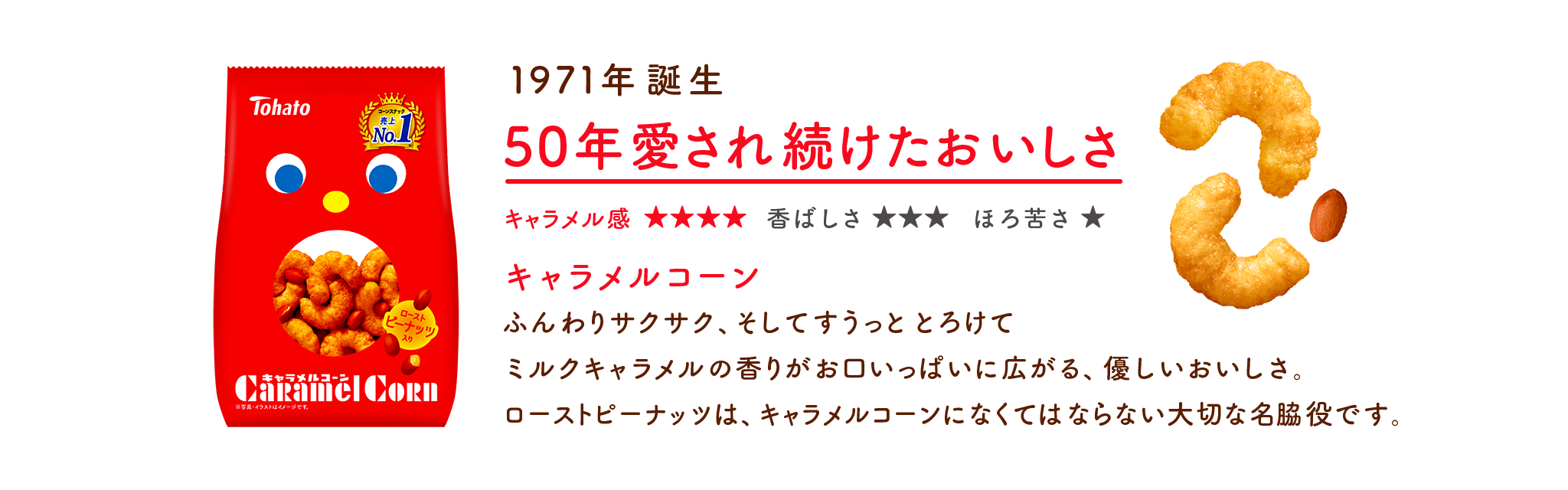 1971年誕生50年愛され続けたおいしさふんわりサクサク、そしてすうっととろけてミルクキャラメルの香りがお口いっぱいに広がる、優しいおいしさ。ローストピーナッツは、キャラメルコーンになくてはならない大切な名脇役です。