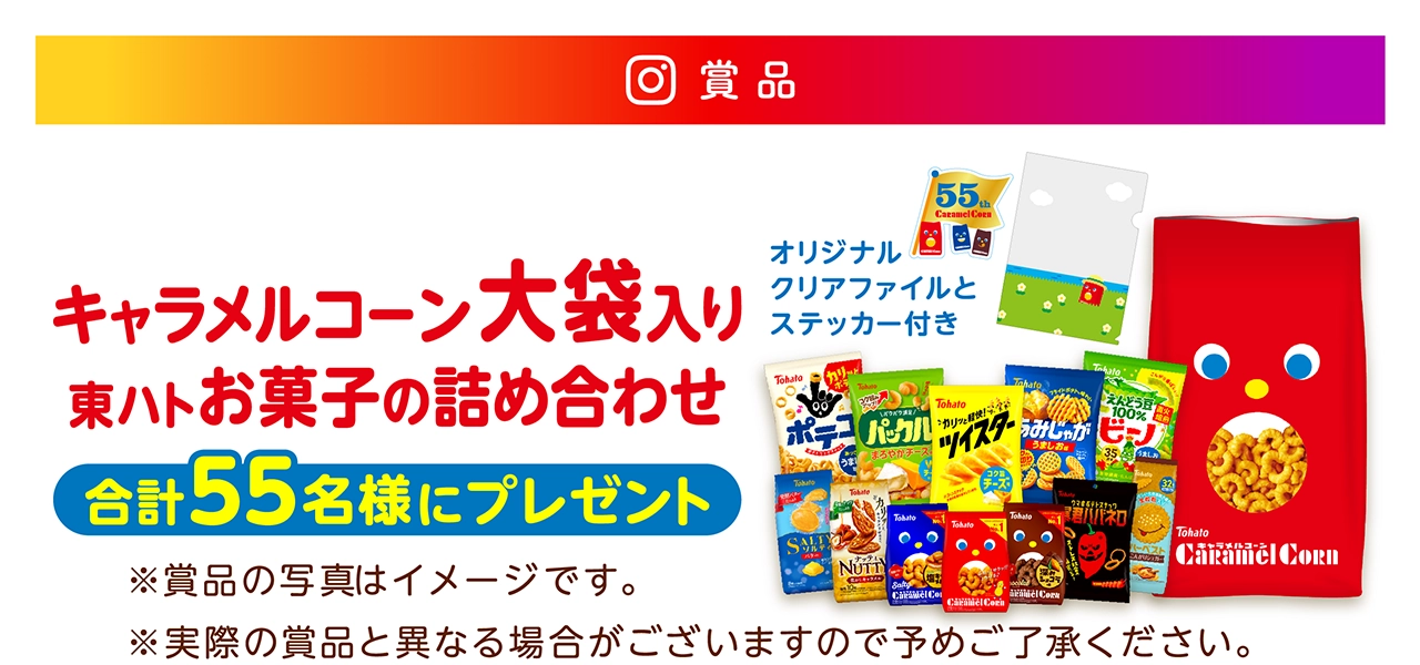 商品 キャラメルコーン大袋入り 東ハトお菓子の詰め合わせ オリジナルクリアファイル ステッカー付き 合計55名様にプレゼント ※商品の写真はイメージです。 ※実際の商品とは異なる場合がありますのでご了承ください。