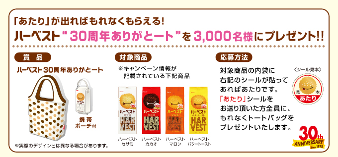 今回のキャンペーンでは、期間中、内袋に「あたり」のシールが貼ってある商品をご購入いただいた方に、もれなくオリジナルトートバッグ「ハーベスト３０周年“ありがとート”」をプレゼントいたします。バッグは、表と裏で色も柄も異なるリバーシブル。表はハーベストをモチーフにしたドット柄で華やかに、裏は手書き風のハーベストマークを大きく配してシンプルに仕立てました。パッケージの形にデザインした携帯用ポーチ、ハーベストマークのキーカバーをセットにして、総計３，０００名様にプレゼントいたします。