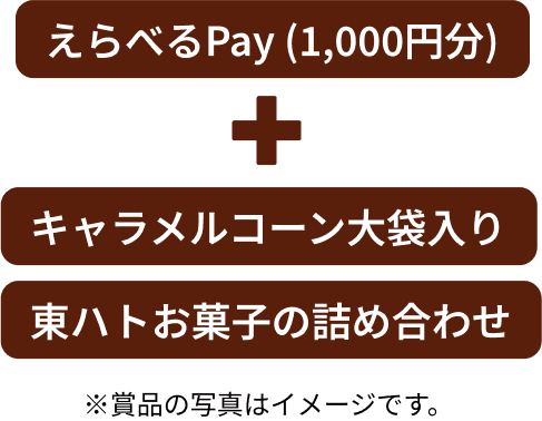 えらべるPay1000円分＋キャラメルコーン大袋入り、東ハトのお菓子詰め合わせ
