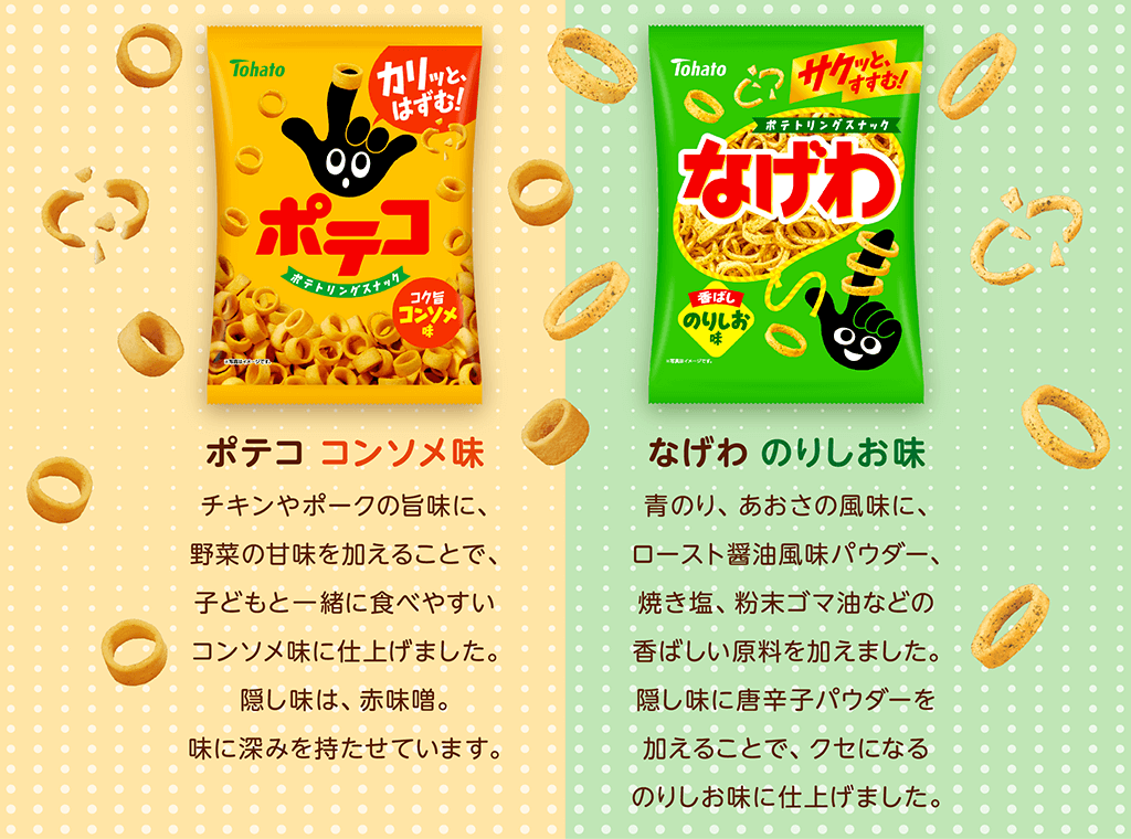 ポテコ コンソメ味 チキンやポークの旨味に、野菜の甘味を加えることで、子どもと一緒に食べやすいコンソメ味に仕上げました。隠し味は、赤味噌。味に深みを持たせています。なげわ のりしお味 青のり、あおさの風味に、ロースト醤油風味パウダー、焼き塩、粉末ゴマ油などの香ばしい原料を加えました。隠し味に唐辛子パウダーを加えることで、クセになるのりしお味に仕上げました。